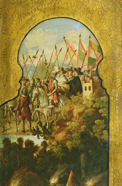 The arrival of the Spanish, led by Cortez, in the plateau of Mexico City by Spanish School